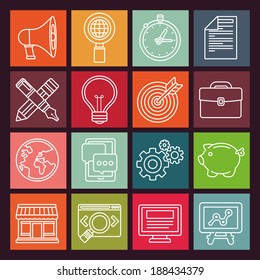 Vector internet marketing icons in flat outline style - online business and mobile app signs
