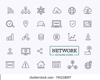 Vector Internet and networking thin line icon set. Symbol of website, analytics, database, link, search, laptop, networking, connection, location, cloud. Related sign collection