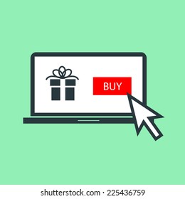 Vector internet online shopping on laptop icon | flat design pictogram isolated on green background