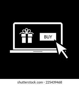 Vector internet online shopping on laptop icon | white flat design pictogram isolated on black background