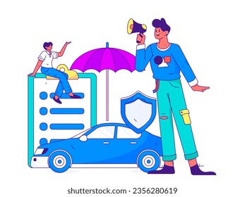 Vector internet operation hand-drawn illustration of people getting discounts for refueling the car