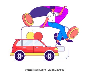 Vector internet operation hand-drawn illustration of people getting discounts for refueling the car