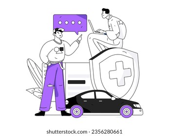 Vector internet operation hand-drawn illustration of people getting discounts for refueling the car