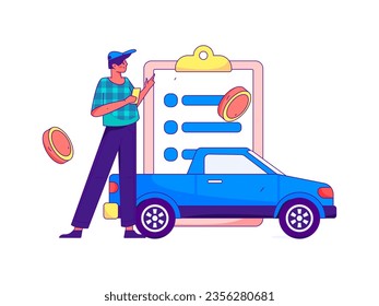 Vector internet operation hand-drawn illustration of people getting discounts for refueling the car