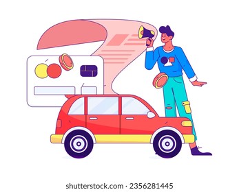 Vector internet operation hand-drawn illustration of people getting discounts for refueling the car