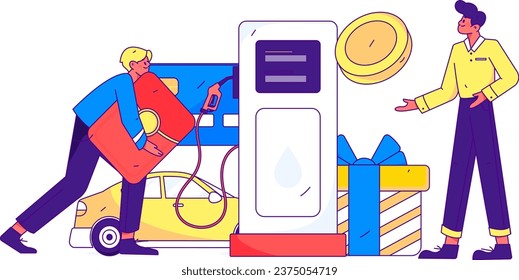 Vector internet operation hand-drawn illustration of people getting discounts for refueling the car
