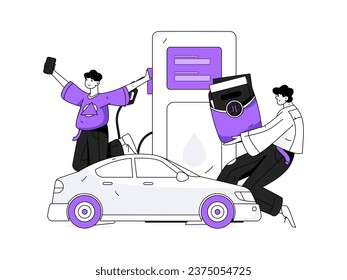 Vector internet operation hand-drawn illustration of people getting discounts for refueling the car
