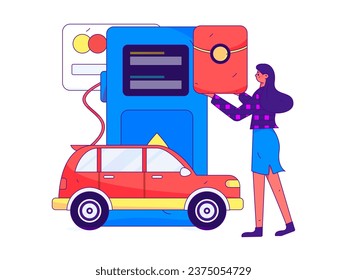 Vector internet operation hand-drawn illustration of people getting discounts for refueling the car
