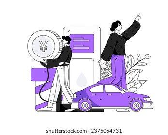 Vector internet operation hand-drawn illustration of people getting discounts for refueling the car
