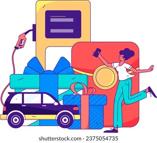 Vector internet operation hand-drawn illustration of people getting discounts for refueling the car
