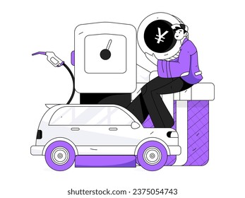 Vector internet operation hand-drawn illustration of people getting discounts for refueling the car
