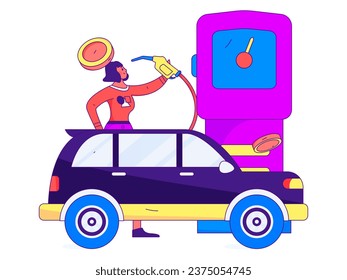 Vector internet operation hand-drawn illustration of people getting discounts for refueling the car
