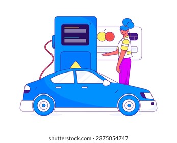 Vector internet operation hand-drawn illustration of people getting discounts for refueling the car
