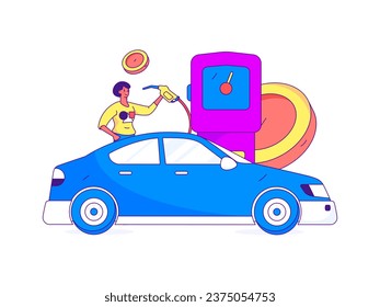 Vector internet operation hand-drawn illustration of people getting discounts for refueling the car
