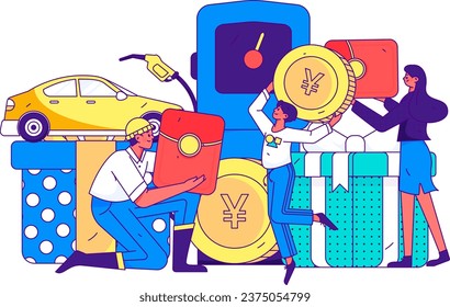 Vector internet operation hand-drawn illustration of people getting discounts for refueling the car
