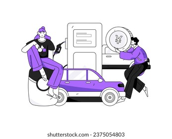 Vector internet operation hand-drawn illustration of people getting discounts for refueling the car
