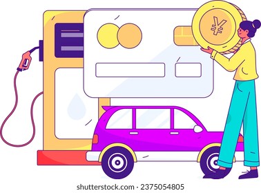 Vector internet operation hand-drawn illustration of people getting discounts for refueling the car
