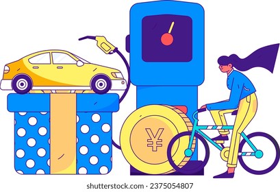 Vector internet operation hand-drawn illustration of people getting discounts for refueling the car
