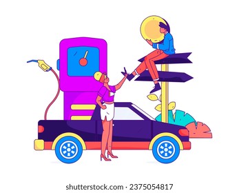 Vector internet operation hand-drawn illustration of people getting discounts for refueling the car
