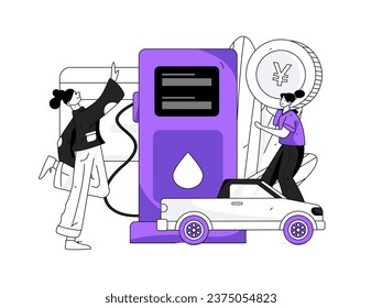Vector internet operation hand-drawn illustration of people getting discounts for refueling the car
