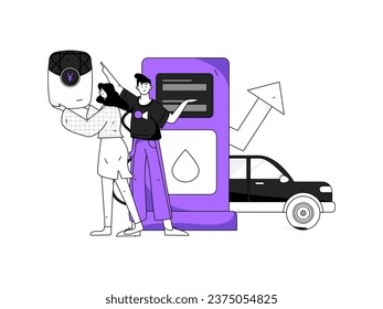 Vector internet operation hand-drawn illustration of people getting discounts for refueling the car

