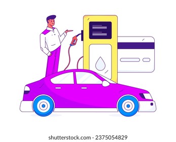 Vector internet operation hand-drawn illustration of people getting discounts for refueling the car
