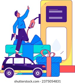 Vector internet operation hand-drawn illustration of people getting discounts for refueling the car
