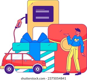 Vector internet operation hand-drawn illustration of people getting discounts for refueling the car
