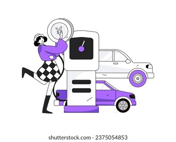 Vector internet operation hand-drawn illustration of people getting discounts for refueling the car
