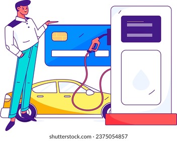 Vector internet operation hand-drawn illustration of people getting discounts for refueling the car
