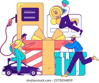 Vector internet operation hand-drawn illustration of people getting discounts for refueling the car
