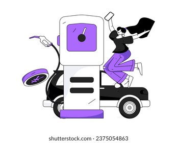 Vector internet operation hand-drawn illustration of people getting discounts for refueling the car
