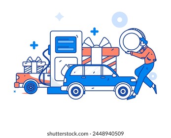 Vector Internet operation hand-drawn illustration of people getting discounts for refueling their cars
