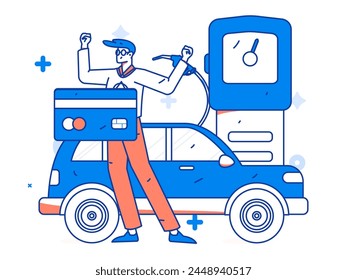 Vector Internet operation hand-drawn illustration of people getting discounts for refueling their cars

