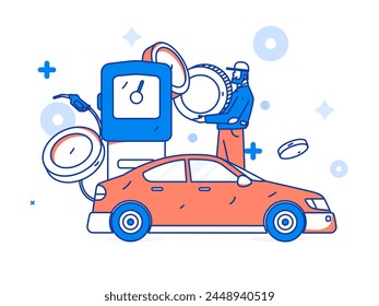 Vector Internet operation hand-drawn illustration of people getting discounts for refueling their cars
