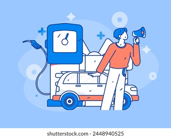Vector Internet operation hand-drawn illustration of people getting discounts for refueling their cars
