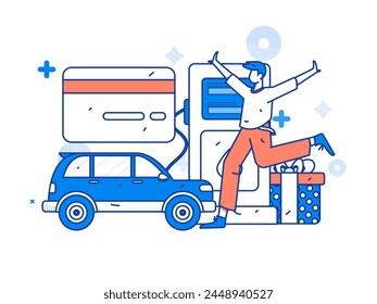 Vector Internet operation hand-drawn illustration of people getting discounts for refueling their cars
