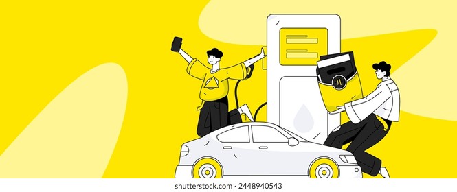 Vector Internet operation hand-drawn illustration of people getting discounts for refueling their cars
