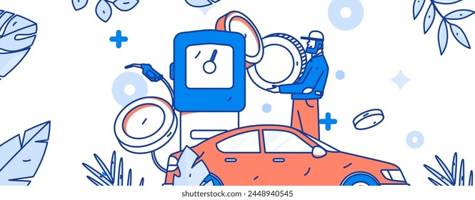 Vector Internet operation hand-drawn illustration of people getting discounts for refueling their cars

