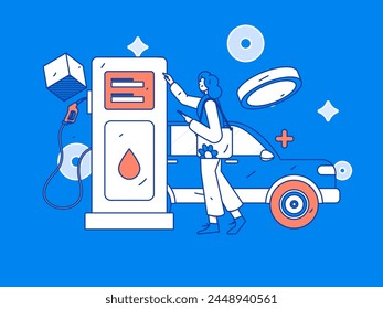 Vector Internet operation hand-drawn illustration of people getting discounts for refueling their cars
