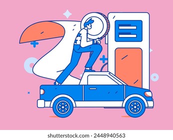 Vektorgrafik Internetbetrieb Handgezeichnete Illustration der Menschen erhalten Rabatte für die Betankung ihrer Autos
