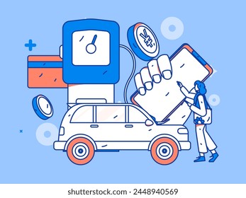 Vector de operaciones de Internet dibujado a mano ilustración de personas que reciben descuentos por repostar sus coches
