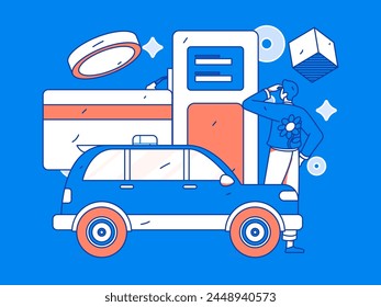Vector Internet operation hand-drawn illustration of people getting discounts for refueling their cars
