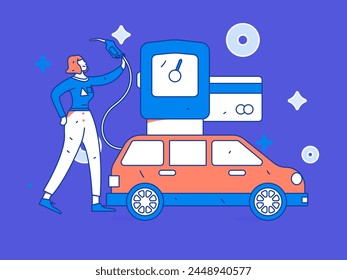 Vector Internet operation hand-drawn illustration of people getting discounts for refueling their cars
