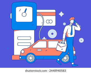 Vector Internet operation hand-drawn illustration of people getting discounts for refueling their cars
