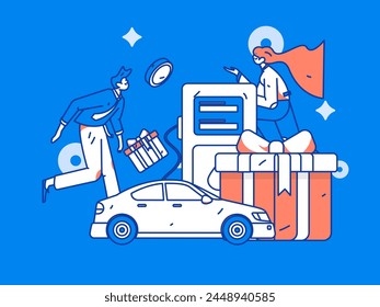 Vector Internet operation hand-drawn illustration of people getting discounts for refueling their cars

