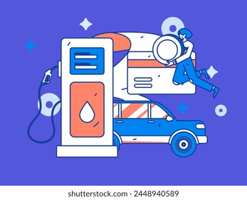 Vector Internet operation hand-drawn illustration of people getting discounts for refueling their cars
