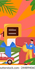 Vector de operaciones de Internet dibujado a mano ilustración de personas que reciben descuentos por repostar sus coches
