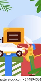 Vector Internet operation hand-drawn illustration of people getting discounts for refueling their cars

