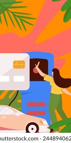 Vector Internet operation hand-drawn illustration of people getting discounts for refueling their cars
